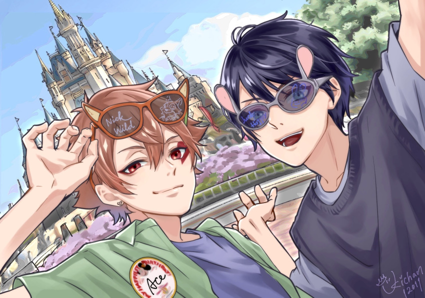 2boys, ace_trappola, animal-themed_eyewear, blue_eyes, blue_hair, blue_shirt, castle, commentary_request