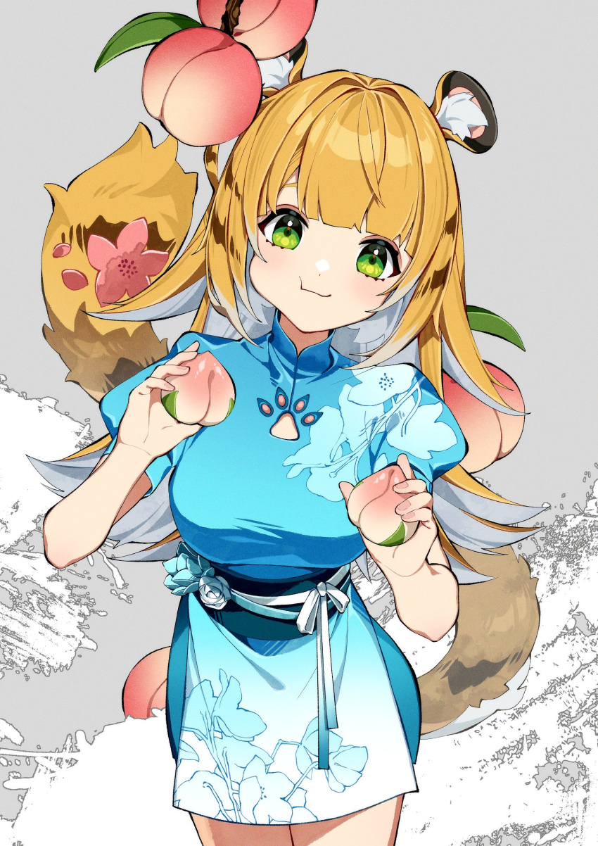 1girl, :t, animal_ears, aqua_sash, blue_dress, blunt_bangs, cha_hanare, cheek_bulge