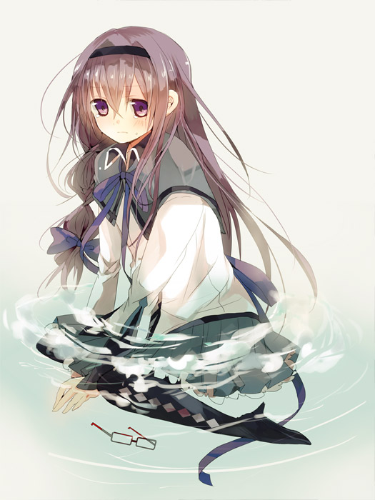 akemi_homura, amana_raika, black_hair, blush, glasses, glasses_removed, hairband, long_hair