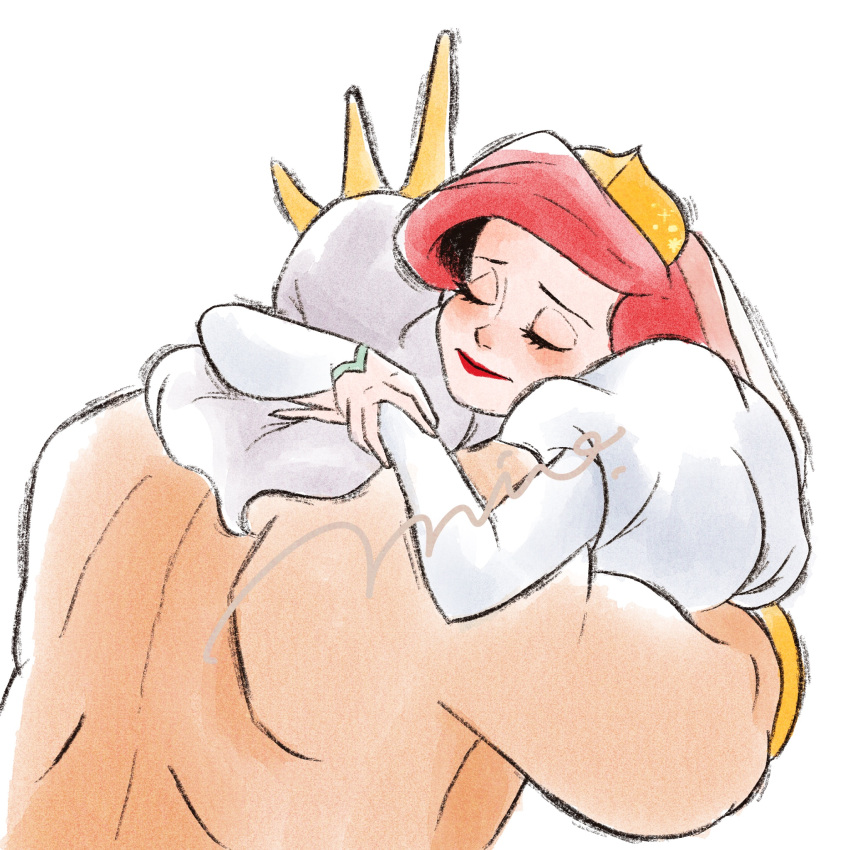 1boy, 1girl, ariel_(disney), artist_name, bridal_veil, bride, closed_eyes, crown, dress, father_and_daughter, highres, hug, juliet_sleeves, king_triton_(disney), long_hair, long_sleeves, mio_ney, puffy_sleeves, red_hair, swept_bangs, the_little_mermaid_(disney), tiara, topless_male, upper_body, veil, white_background, white_dress, white_hair