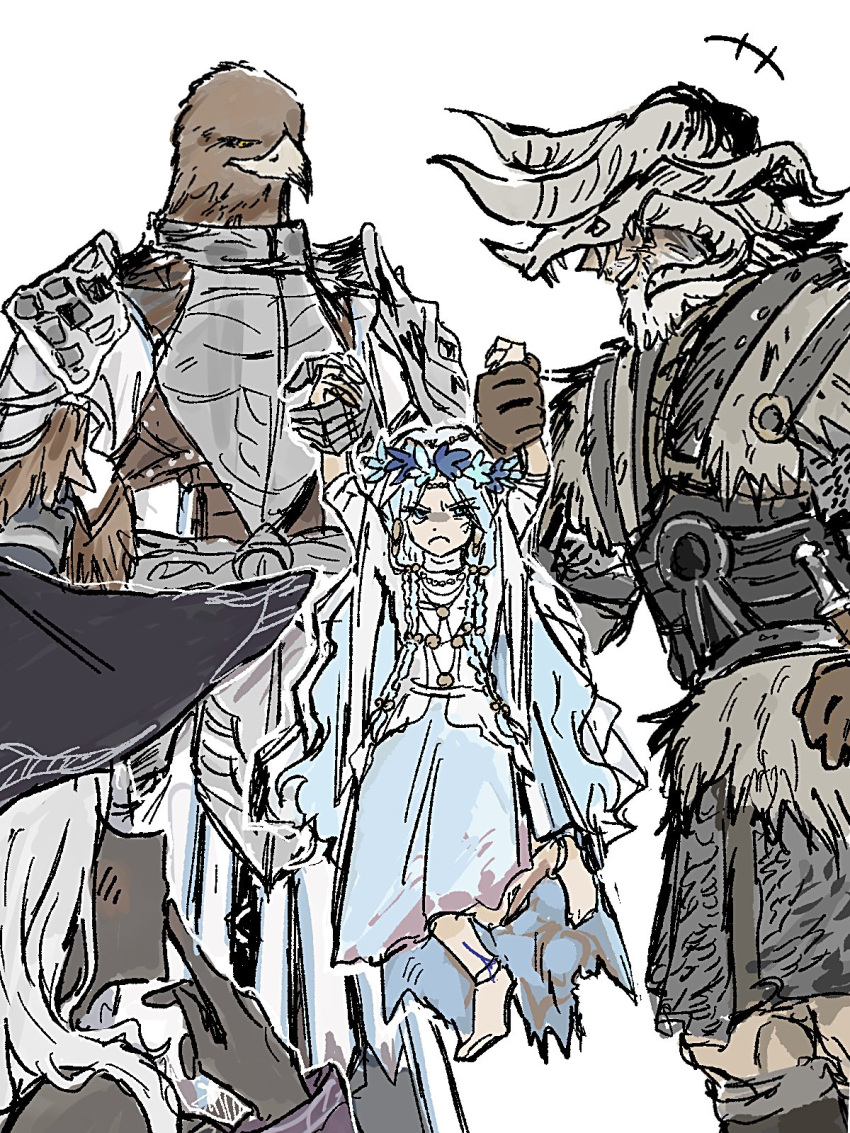 2boys, 2girls, angry, armor, barefoot, black_skin, braid, carrying