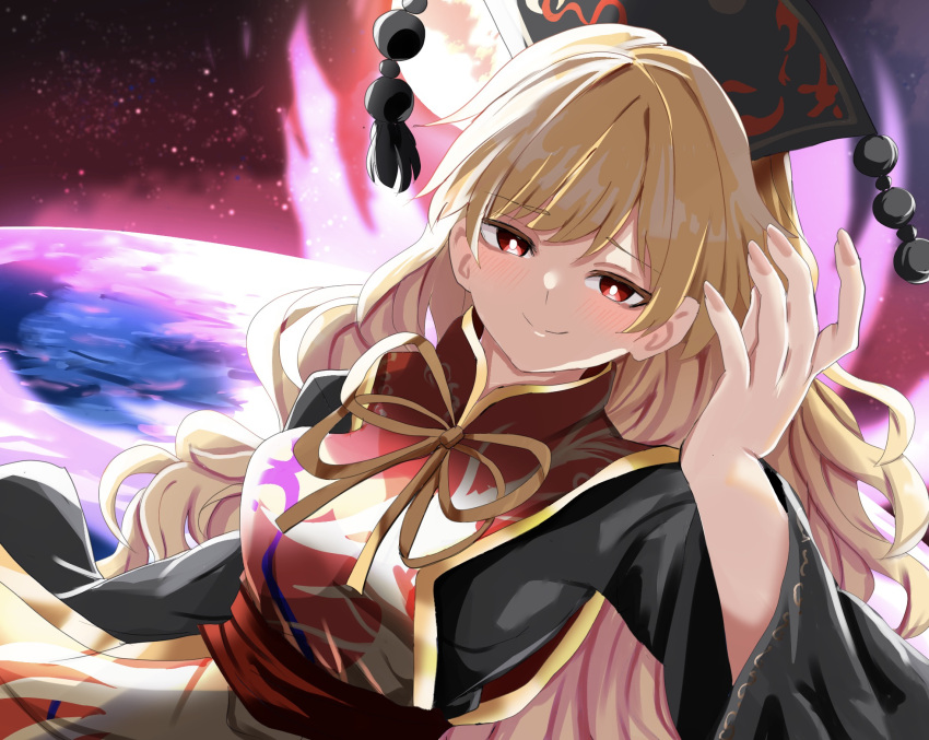 1girl, amakaze16, belt, black_dress, black_hat, black_sky, blonde_hair, blush