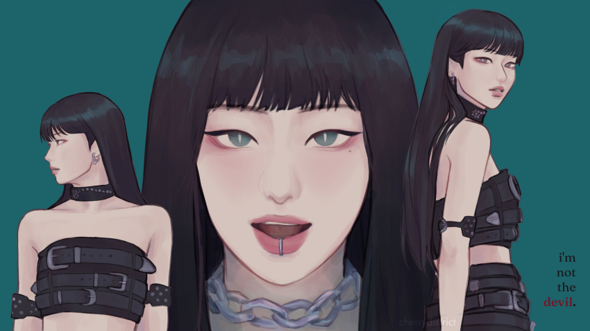 1girl, absurdres, black_hair, blue_eyes, blunt_bangs, cherrydistrict, choker, earrings, english_commentary, english_text, face_piercing, highres, jewelry, k-pop, long_hair, looking_at_viewer, mouth_piercing, multiple_views, open_mouth, parted_lips, piercing, pink_lips, red_velvet_(group), seulgi_(red_velvet), simple_background, solo, upper_body
