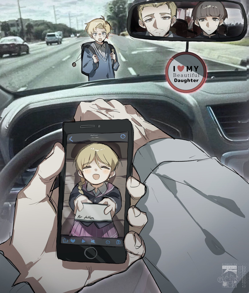 3boys, alternate_universe, astrolabe, backpack, bag, black_hair, black_hat, blonde_hair, blue_sweater, blunt_bangs, bowl_cut, braid, character_request, chi.:_chikyuu_no_undou_ni_tsuite, child, closed_eyes, collared_shirt, contemporary, driving, facial_hair, father_and_daughter, hair_over_shoulder, hat, highres, holding, holding_phone, jolenta, multiple_boys, nowak_(chi.), open_mouth, phone, photo_background, rafal_(chi.), rear-view_mirror, road, shirt, short_hair, single_braid, smile, steering_wheel, stubble, sweatdrop, sweater, swept_bangs, toramledak