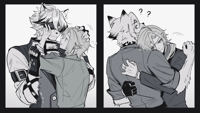 2boys, ?, ??, arm_belt, ascot, belt_buckle, buckle, closed_mouth