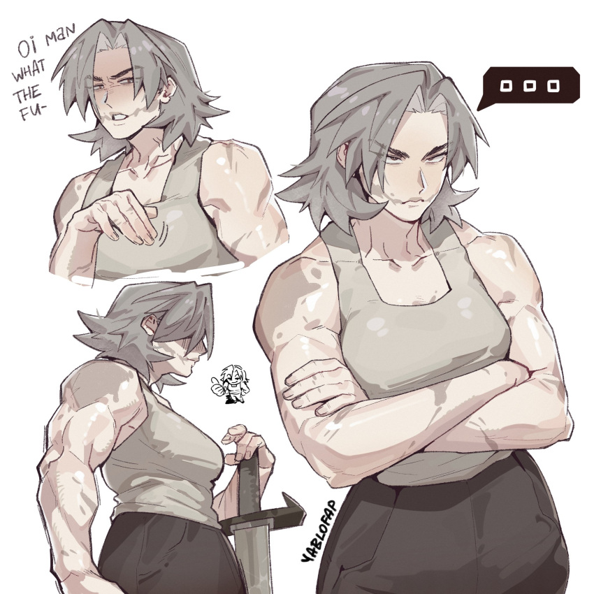 3girls, alohapz, angry, artist_name, black_pants, body_markings, breasts, from_below, furrowed_brow, grey_hair, highres, medium_breasts, medium_hair, multiple_girls, muscular, muscular_female, original, pants, speech_bubble, tank_top