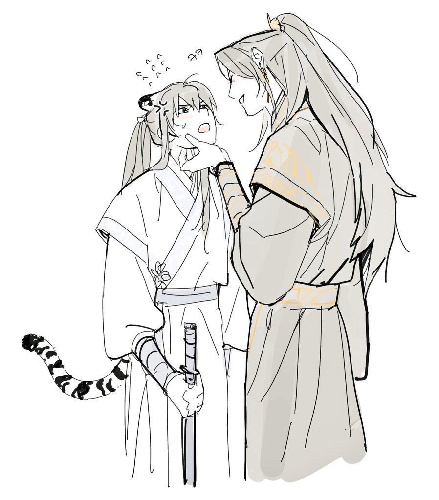 2boys, anger_vein, animal_ears, black_eyes, black_hair, black_sash, blue_sash, chinese_clothes