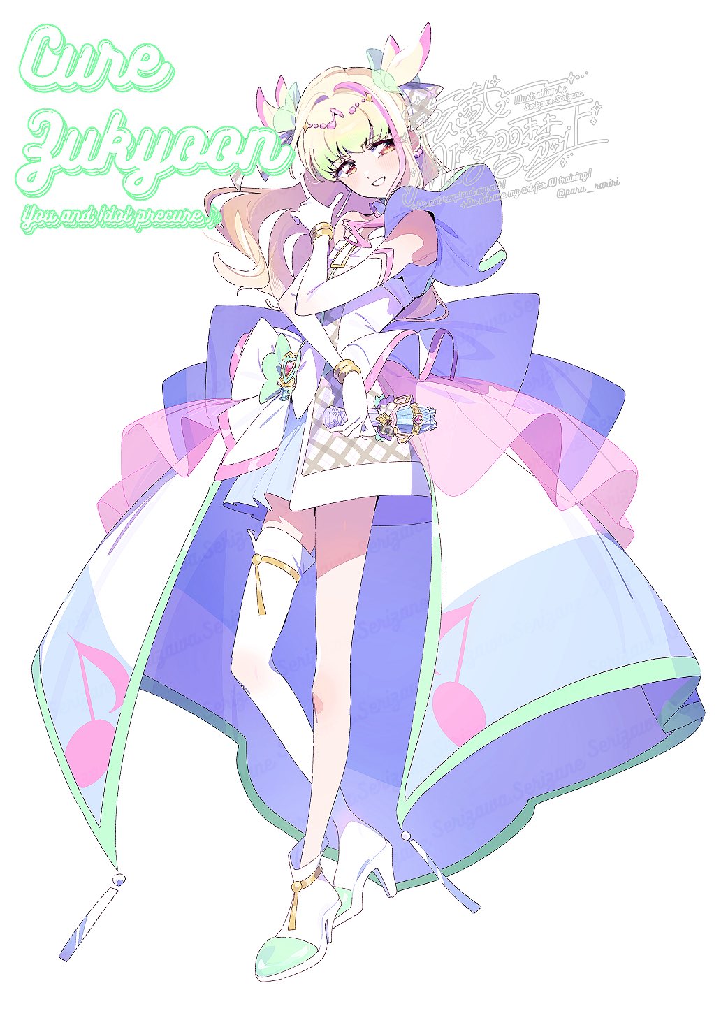 1girl, ascot, back_bow, bare_shoulders, beads, blonde_hair, blue_skirt, boots