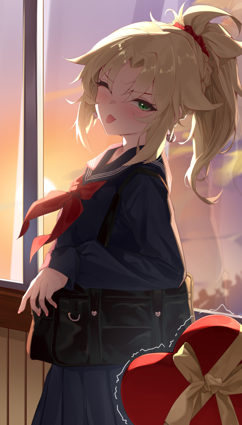 1girl, absurdres, alternate_costume, bag, blonde_hair, blue_bag, blue_shirt, blue_skirt, blush, commentary_request, contemporary, fate/grand_order, fate_(series), feibai, green_eyes, highres, long_sleeves, looking_at_viewer, mordred_(fate), neckerchief, one_eye_closed, pleated_skirt, ponytail, red_neckerchief, reflection, school_bag, school_uniform, serafuku, shirt, skirt, tongue, tongue_out, valentine, window