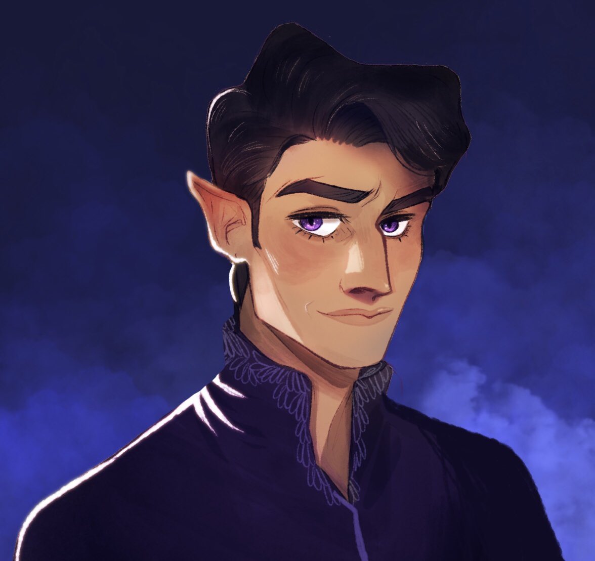 1boy, a_court_of_thorns_and_roses_(series), black_hair, blue_background, closed_mouth, commentary, english_commentary, icandrawthingz, looking_at_viewer, male_focus, nose, pointy_ears, portrait, procreate_(medium), rhysand_(acotar), short_hair, simple_background, smile, solo, toon_(style), violet_eyes