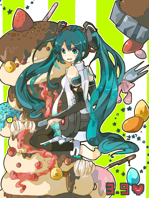 aqua_eyes, aqua_hair, arufa, arufa_(a-1626), barefoot, cake, elbow_gloves, food