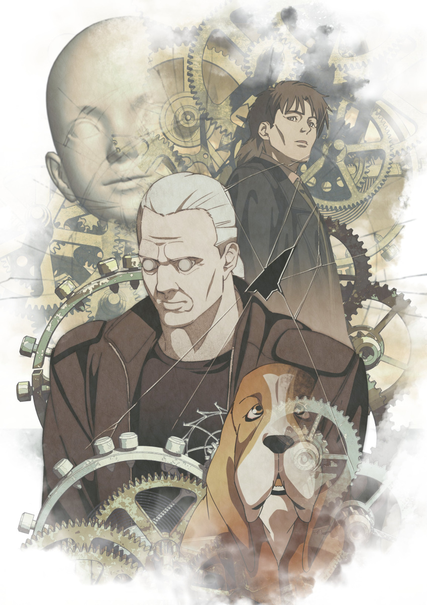 2boys, absurdres, artificial_eye, basset_hound, batou_(gits), black_shirt, brown_hair, brown_jacket