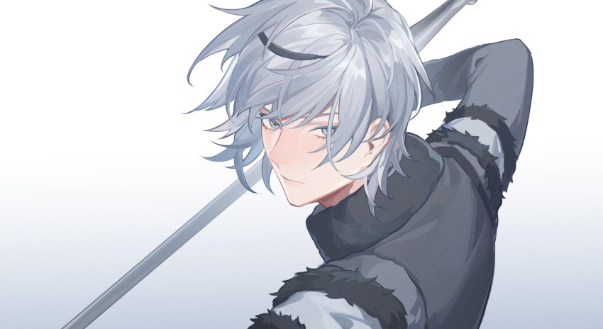 1boy, black_vest, closed_mouth, commentary, from_side, fur-trimmed_vest, fur_trim, gradient_background