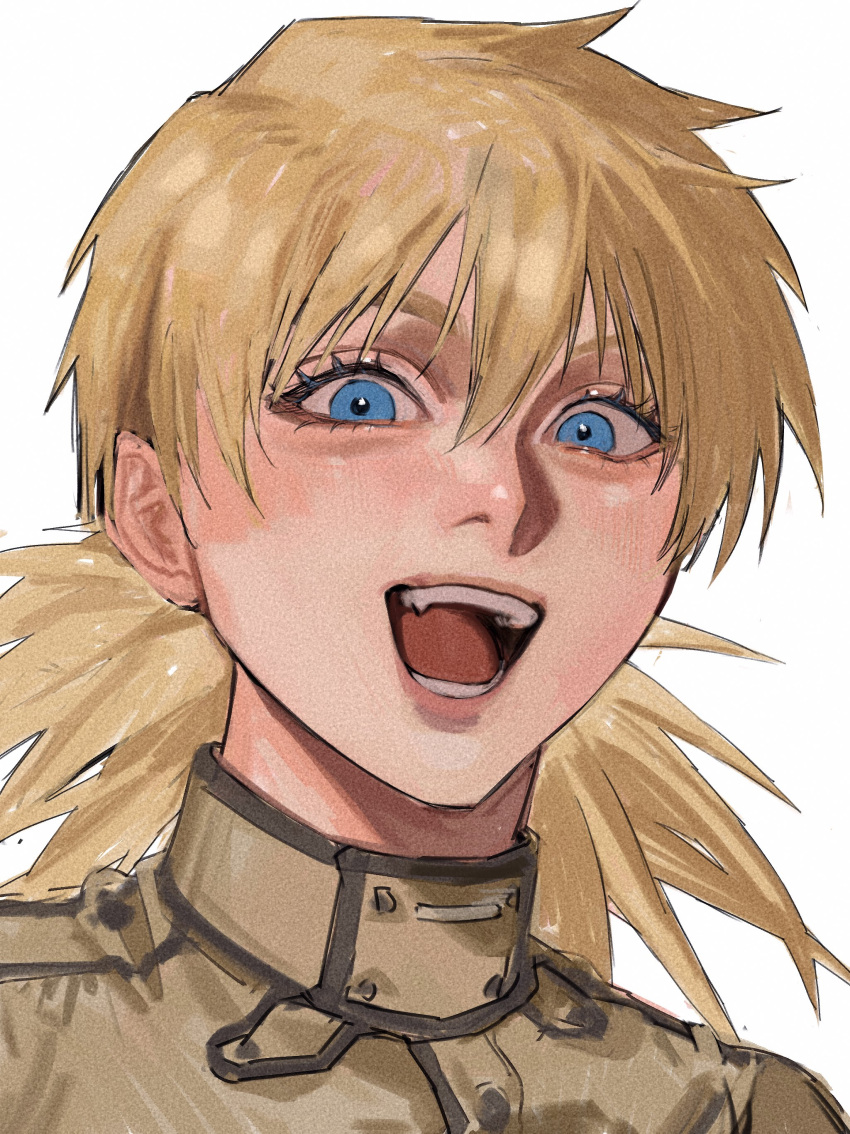 1girl, absurdres, blue_eyes, blush, hana0112yama_k, happy, hellsing, high_collar, highres, looking_at_viewer, military_uniform, open_mouth, seras_victoria, smile, solo, vampire