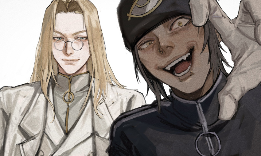 2boys, black_hair, blonde_hair, dark-skinned_male, dark_skin, fangs, glasses, hana0112yama_k