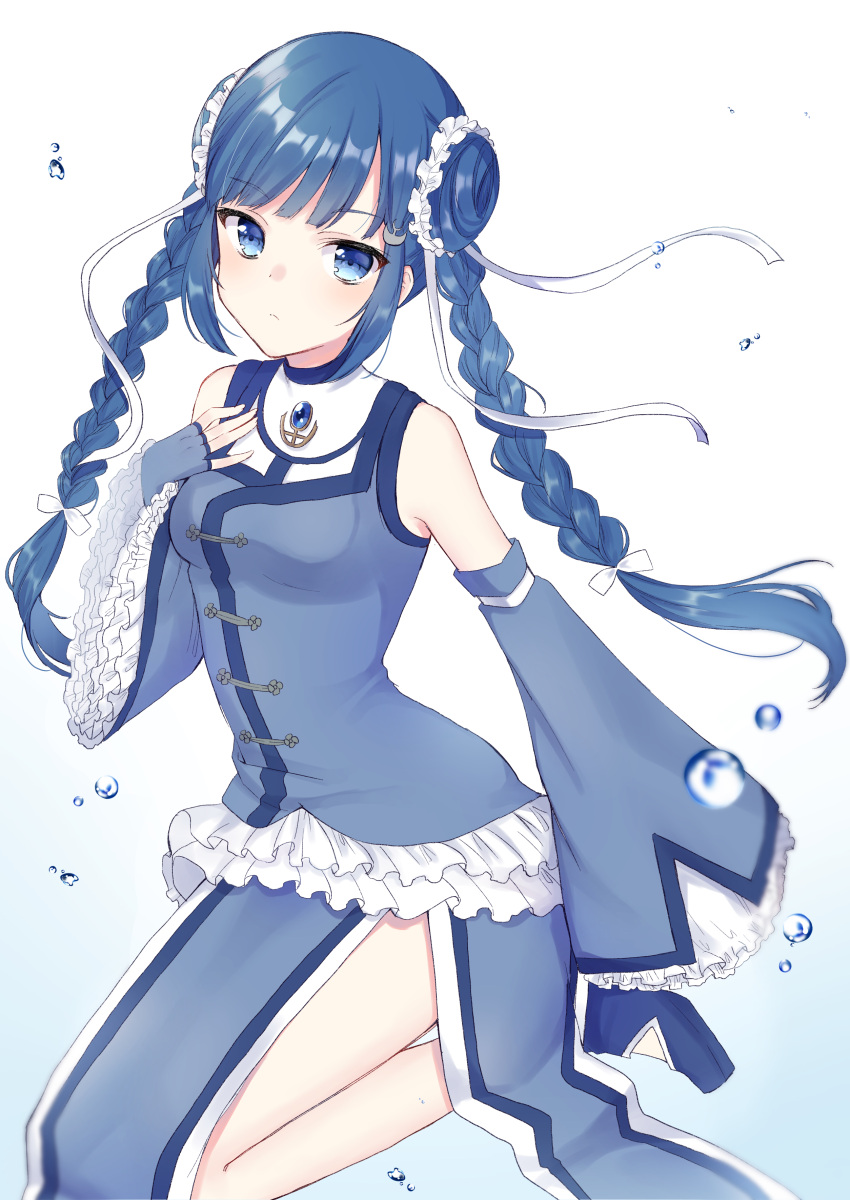 1girl, absurdres, bare_legs, bare_shoulders, blue_background, blue_eyes, blue_gemstone, blue_gloves, blue_shirt, blue_shoes, blue_skirt, blue_sleeves, blunt_bangs, blush, bow, braid, bubble, chest_jewel, chinese_clothes, chun_meiyui, closed_mouth, commentary_request, detached_sleeves, dot_nose, double_bun, expressionless, fingerless_gloves, frilled_shirt, frilled_sleeves, frills, full_body, gem, gloves, gradient_background, hair_bow, hair_bun, hair_ornament, hair_ribbon, hair_scrunchie, hand_on_own_chest, highres, jumping, light_blush, light_frown, long_hair, long_skirt, long_sleeves, magia_record:_mahou_shoujo_madoka_magica_gaiden, magical_girl, mahou_shoujo_madoka_magica, mochiko_(uyu_omochi), ribbon, scrunchie, shirt, shoes, skirt, sleeveless, sleeveless_shirt, solo, tsurime, twin_braids, white_background, white_bow, white_ribbon, white_scrunchie, wide_sleeves