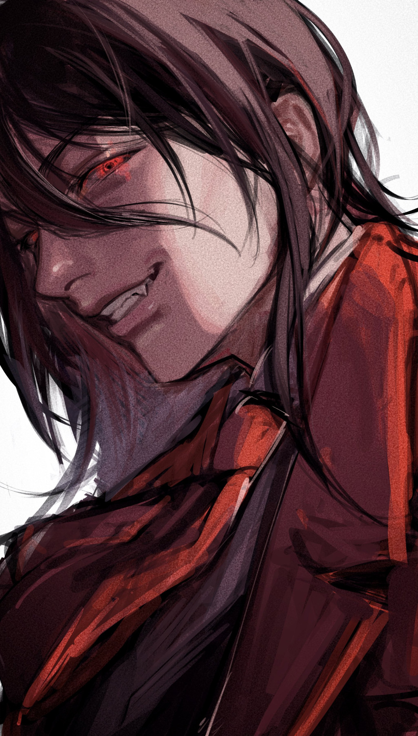 1boy, absurdres, alucard_(hellsing), black_hair, evil_grin, evil_smile, fang, glowing