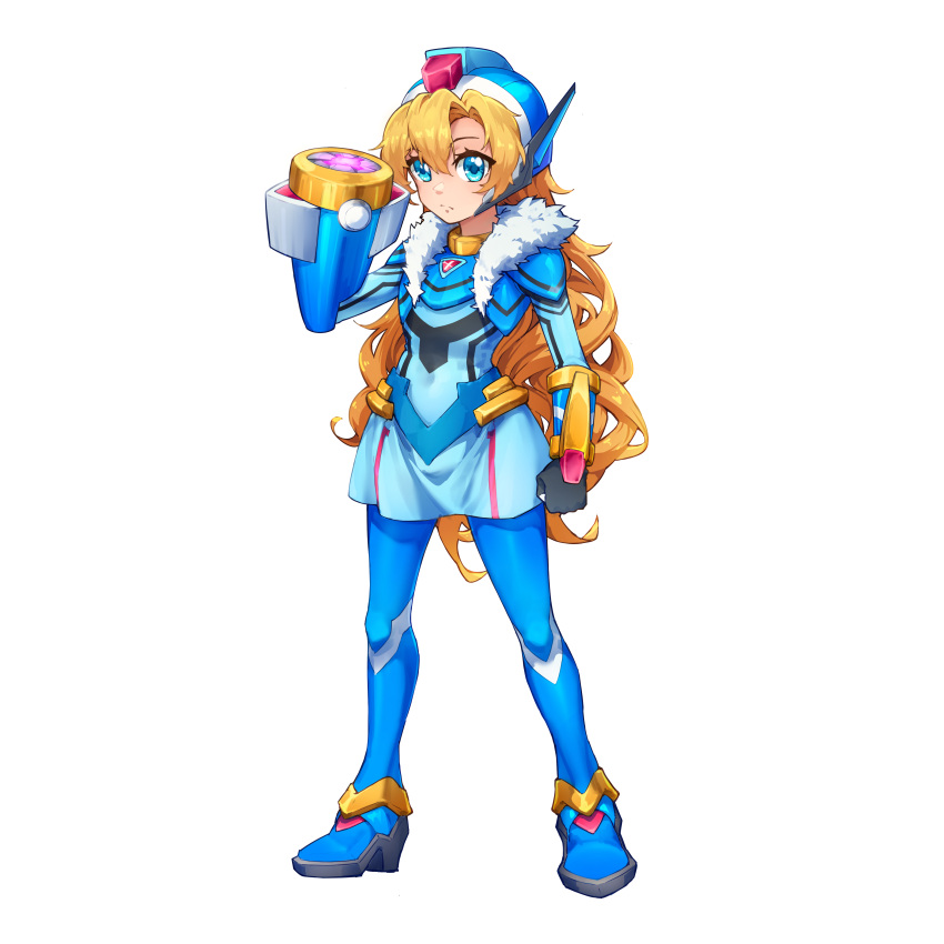 1girl, absurdres, alternate_costume, arm_cannon, armor, armored_boots, armored_gloves, blonde_hair