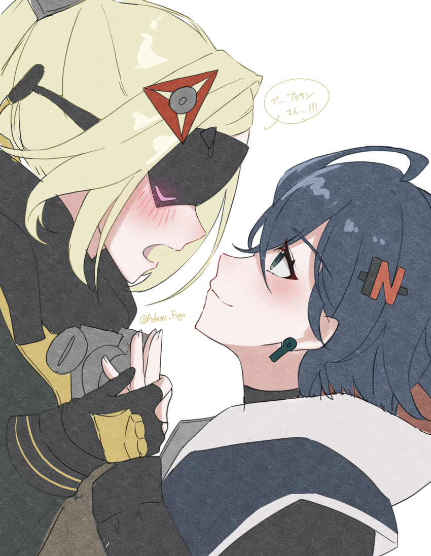 2girls, ashimi_fugo, belle_(zenless_zone_zero), black_blindfold, black_gloves, blindfold, blonde_hair, blue_hair