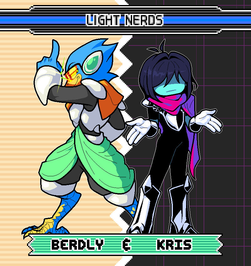 1boy, 1other, acenth, armor, berdly_(dark_world)_(deltarune), berdly_(deltarune), bird_boy, black_hair
