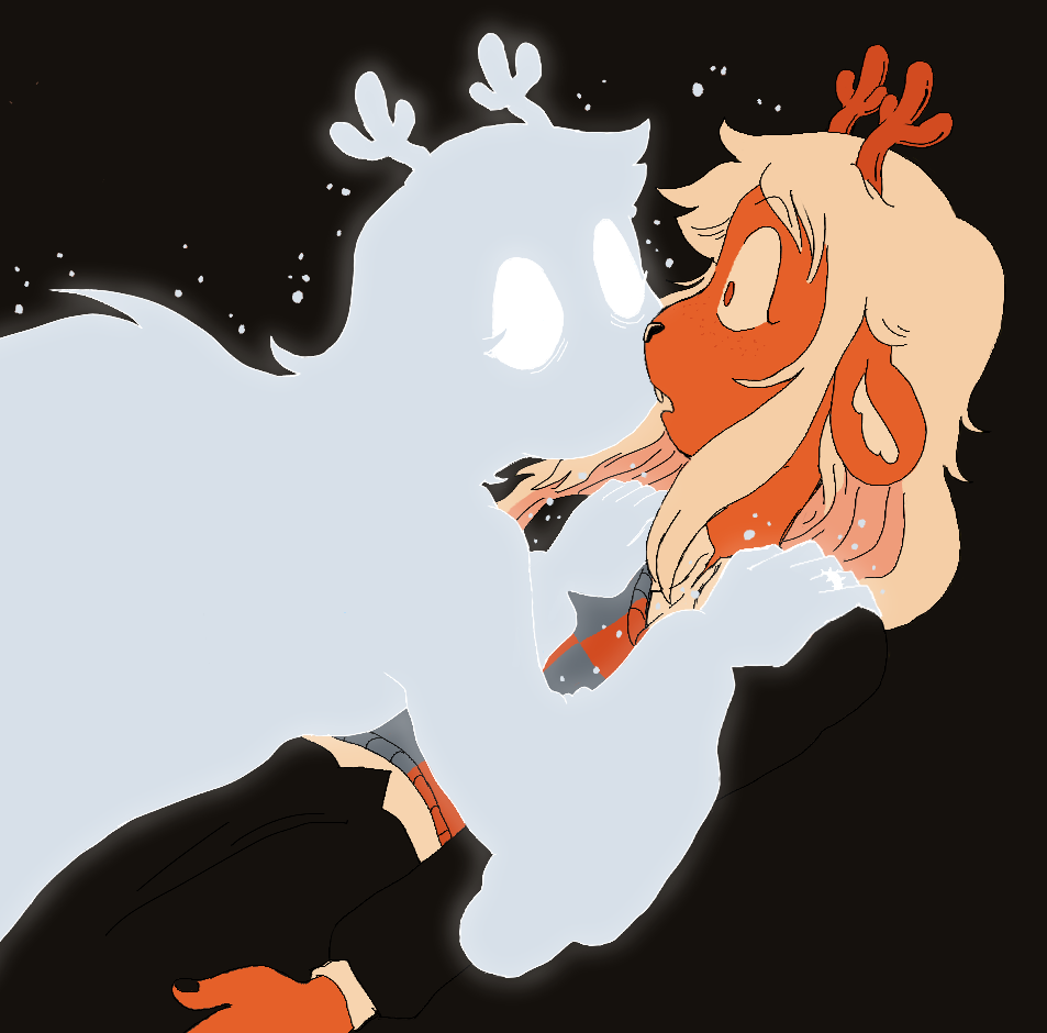 1girl, animal_ears, antlers, black_background, black_nails, blonde_hair, buck_teeth, checkered_sweater_vest