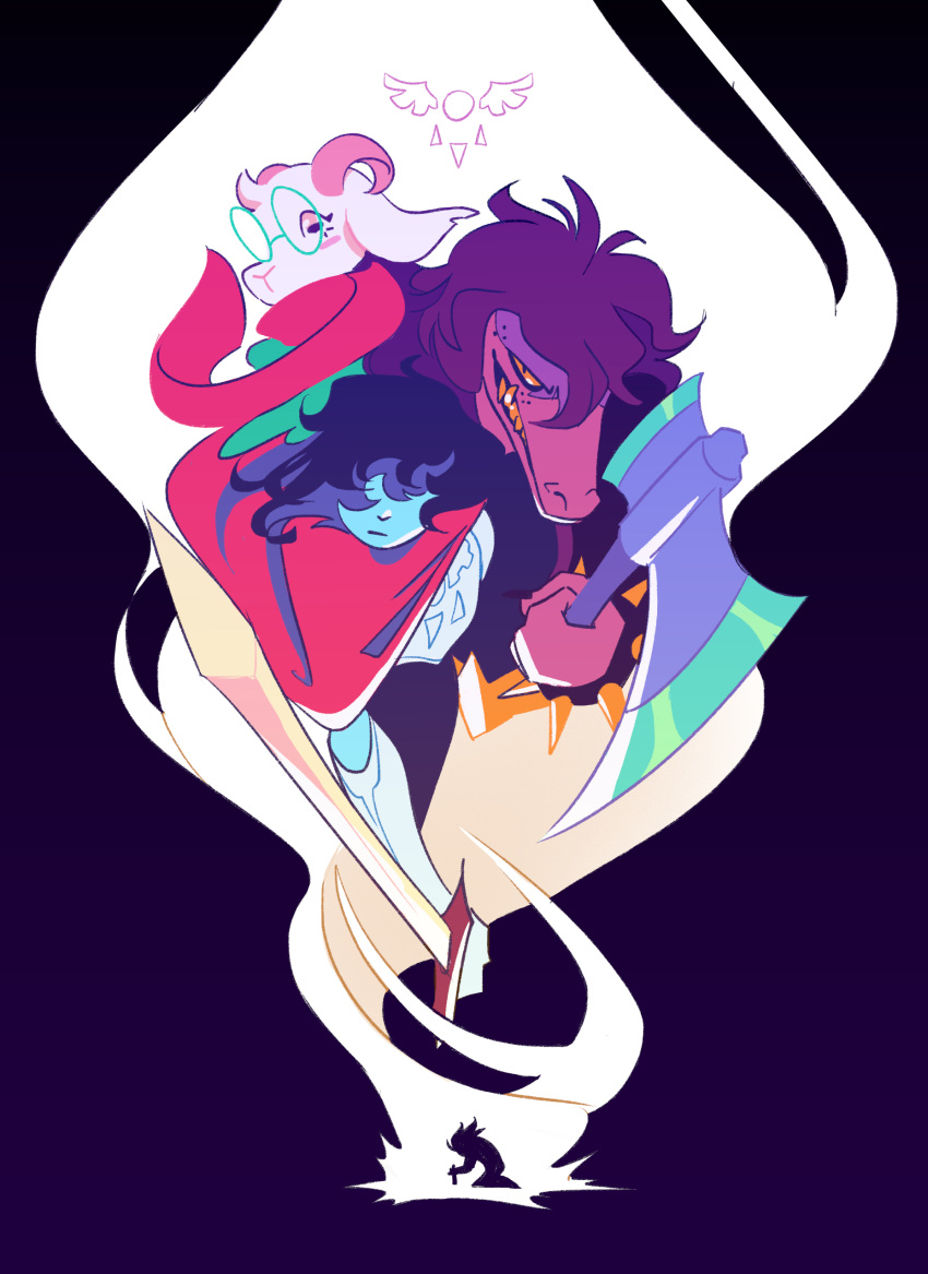 1boy, 1girl, 1other, absurdres, axe, black_hair, blue_skin, bright-goat