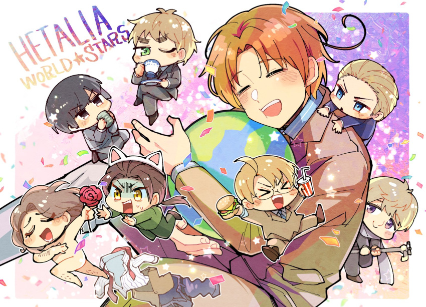 >_<, 6+boys, ahoge, america_(hetalia), animal_ears, arms_up, axis_powers_hetalia, black-framed_eyewear, black_hair, black_shoes, blonde_hair, blue_eyes, blue_necktie, blue_shirt, blush, blush_stickers, border, brown_eyes, brown_hair, brown_jacket, brown_pants, brown_shoes, burger, cat_ears, chibi, china_(hetalia), closed_eyes, closed_mouth, collared_shirt, confetti, copyright_name, covering_own_mouth, crossed_legs, cup, disposable_cup, dog_bow_wow, drinking, drinking_straw, earth_(planet), facial_hair, fake_animal_ears, fingernails, floating_hair, flower, food, formal_clothes, france_(hetalia), full_body, germany_(hetalia), glasses, gradient_background, green_eyes, green_jacket, green_pants, grey_jacket, grey_pants, hand_on_own_chest, happy, highres, holding, holding_burger, holding_cup, holding_flower, holding_food, holding_lead_pipe, holding_plate, hug, jacket, jumping, lapels, lead_pipe, long_hair, long_sleeves, looking_at_another, looking_at_viewer, low_ponytail, male_focus, multiple_boys, necktie, northern_italy_(hetalia), one_eye_closed, open_mouth, orange_hair, outside_border, pants, pink_background, planet, plate, ponytail, purple_background, purple_jacket, red_flower, red_rose, rose, russia_(hetalia), scarf, seiza, semi-rimless_eyewear, shirt, shoes, short_hair, sidelocks, sitting, smile, standing, star_(symbol), striped_clothes, striped_shirt, suit, suit_jacket, sweat, teeth, two-tone_background, united_kingdom_(hetalia), v-shaped_eyebrows, vertical-striped_clothes, vertical-striped_shirt, violet_eyes, white_border, white_scarf, white_shirt, yellow_eyes, yunomi
