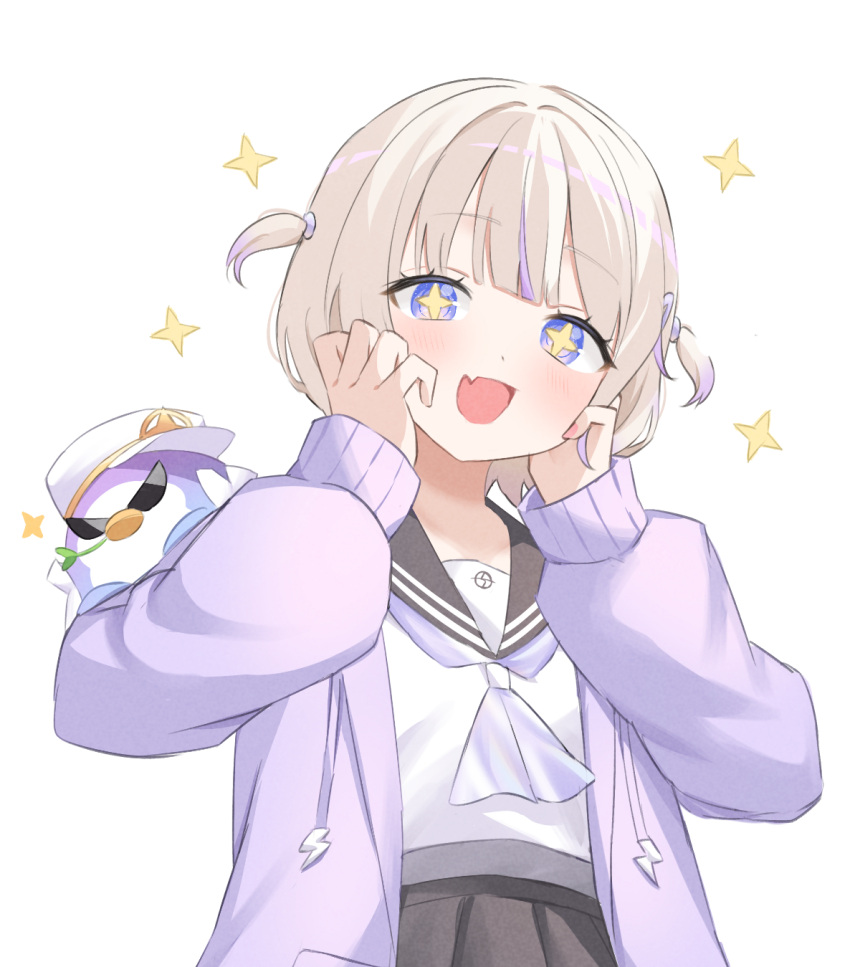 1girl, black_skirt, blonde_hair, blue_eyes, fang, highres, hololive, hololive_dev_is