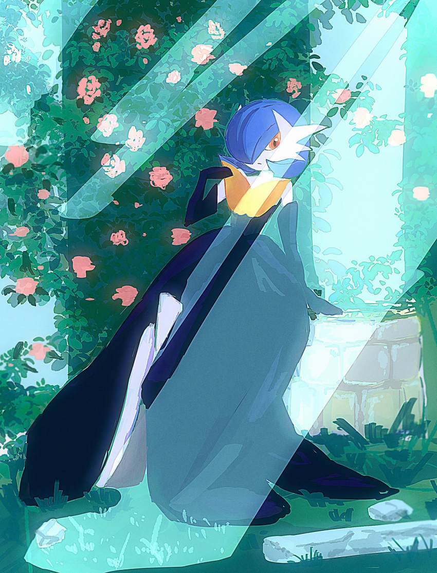 alternate_color, black_dress, black_gloves, blue_hair, bob_cut, colored_skin, crossed_legs, dress