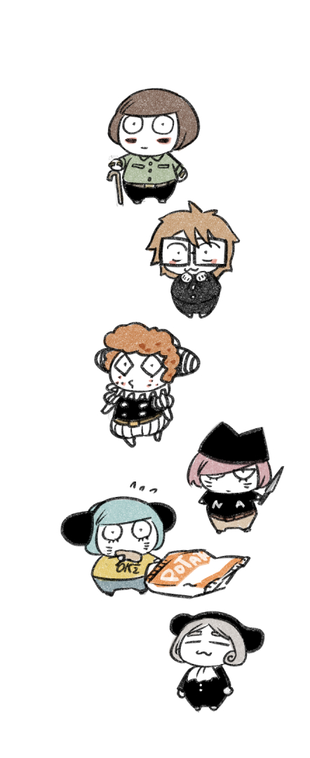 6+boys, animal_hat, brown_hair, cane, cat_hat, chibi, chips_(food), clown, commentary_request, eating, etheral_q, food, glasses, hat, holding, holding_cane, holding_knife, knife, luther_von_ivory, male_focus, multiple_boys, nyen_(randal's_friends), nyon_(randal's_friends), potato_chips, randal's_friends, randal_ivory, sebastian_de_tomato_smith_chicken_legs, short_hair, simple_background, tsukasa_(tsukasa_mimizuku), white_background