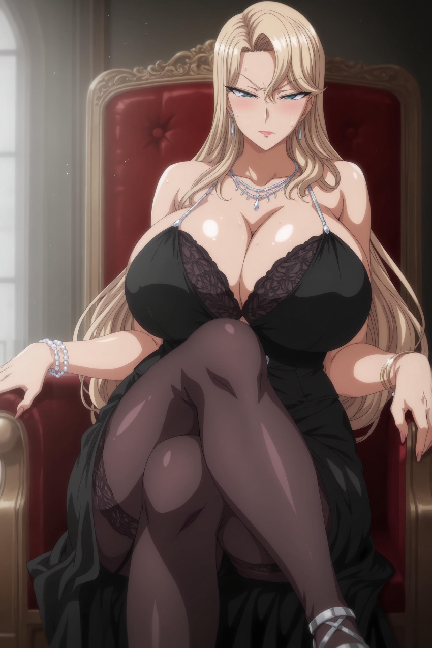 absurdres, ai-generated, bedroom, breasts, earrings, gyaru, highres, huge_breasts, jewelry, kurashiki_reika, lingerie, mature_female, non-web_source, saimin_seishidou, saimin_seishidou_-secret_lesson-, shirt, underwear