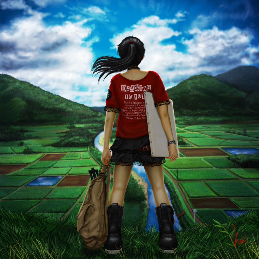 back_view, black_hair, boots, bracelet, canvas_(object), choker, clothes_writing, clothing_writing