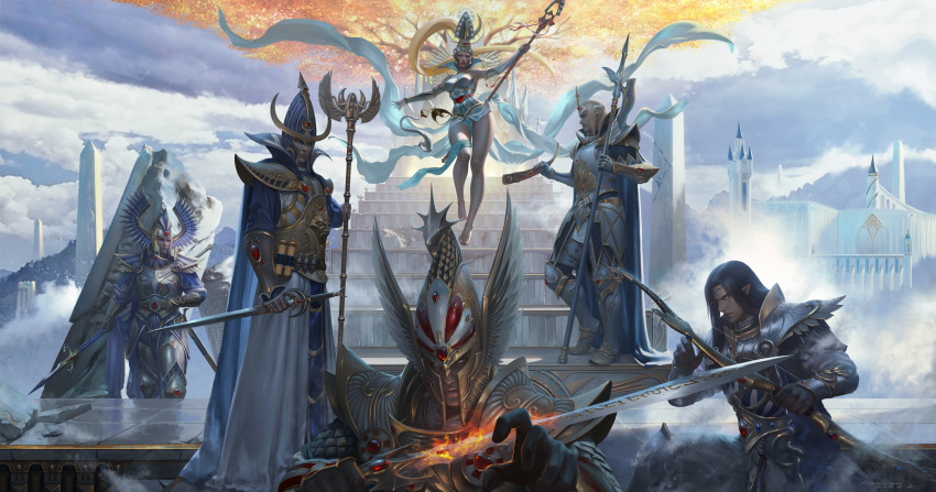 1girl, 5boys, absurdres, alarielle_the_radiant, alith_anar_(warhammer), armor, armored_boots, artist_request, black_hair, blonde_hair, boots, bow_(weapon), breastplate, breasts, cape, closed_mouth, elbow_gloves, elf, eltharion_(warhammer), fire, flaming_sword, flaming_weapon, floating, full_body, gauntlets, gloves, greaves, high_elves_(warhammer_fantasy), highres, holding, holding_bow_(weapon), holding_polearm, holding_staff, holding_sword, holding_weapon, long_hair, long_sleeves, looking_at_viewer, mage_staff, multiple_boys, pauldrons, pointy_ears, polearm, prince_imrik, shoulder_armor, sky, staff, standing, sword, teclis_(warhammer), total_war:_warhammer, total_war:_warhammer_2, tower, tyrion_(warhammer), vambraces, very_long_hair, warhammer_fantasy, weapon