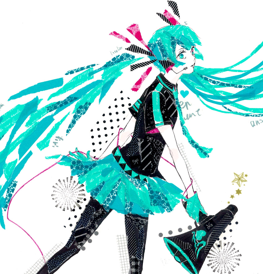 1girl, abstract, absurdres, aqua_eyes, aqua_gloves, aqua_hair, aqua_necktie, aqua_skirt