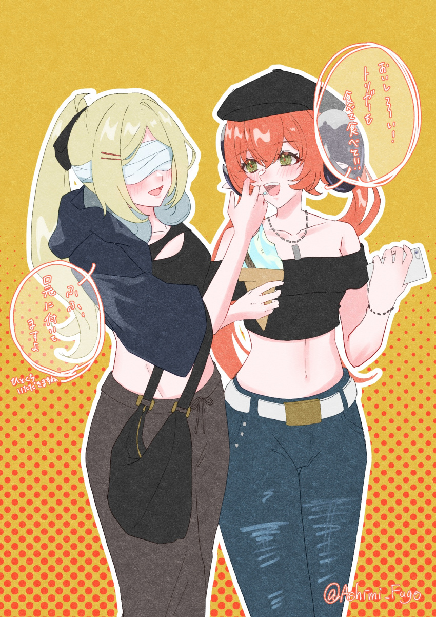 2girls, ashimi_fugo, bag, bare_shoulders, blindfold, blonde_hair, blue_jacket, blue_pants