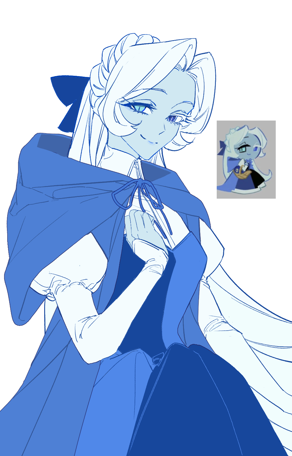 1girl, apqk4553, basket, blue_dress, blush, cloak, cookie, cookie_run