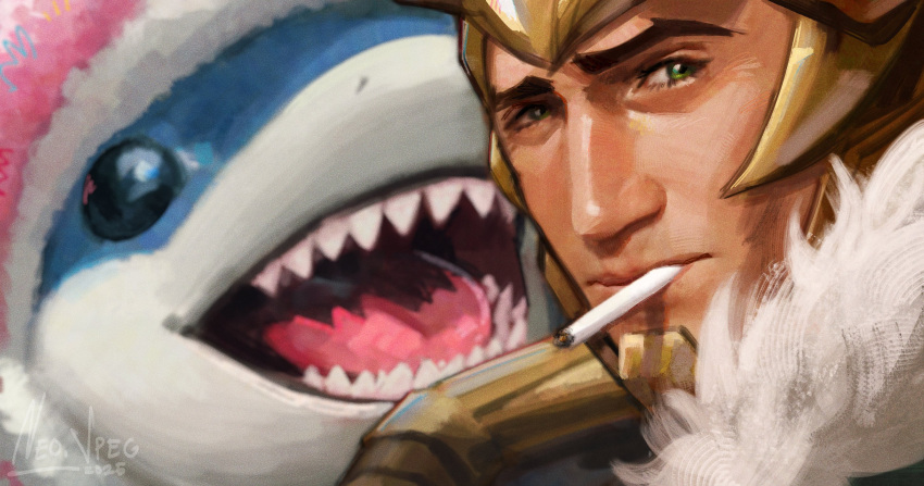 2boys, artist_name, cigarette, closed_mouth, dated, derivative_work, english_commentary, helmet, highres, jaws_(movie), jeff_the_land_shark, jeff_the_land_shark_(incognito_dolphin), loki_(marvel), looking_at_another, looking_at_viewer, marvel, marvel_rivals, multiple_boys, neo_jpeg, official_alternate_costume, open_mouth, shark, signature, smile, smoking, superhero_costume
