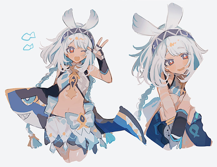 1girl, blue_hairband, body_markings, fingerless_gloves, fish-shaped_pupils, genshin_impact, gloves, hairband