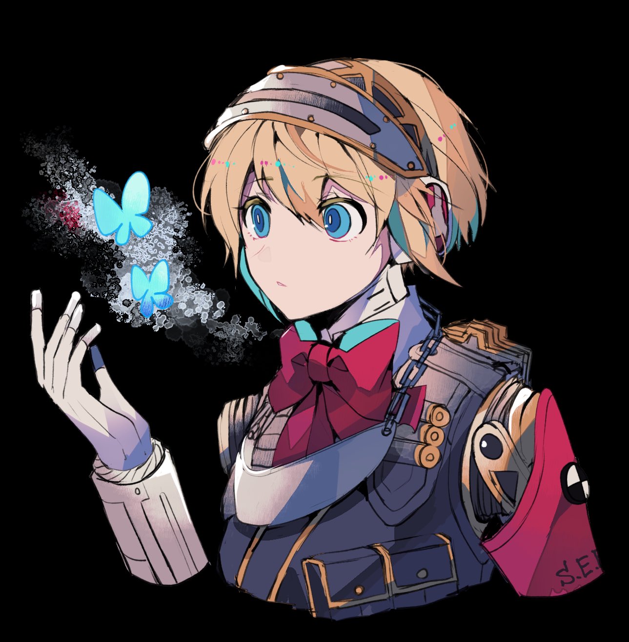 1girl, aigis_(persona), blonde_hair, blue_butterfly, blue_eyes, bug, butterfly, hand_up