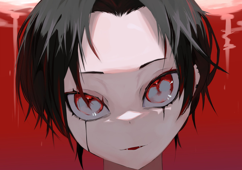 1boy, black_hair, black_tears, close-up, commentary, fangs, hashtag-only_commentary, highres