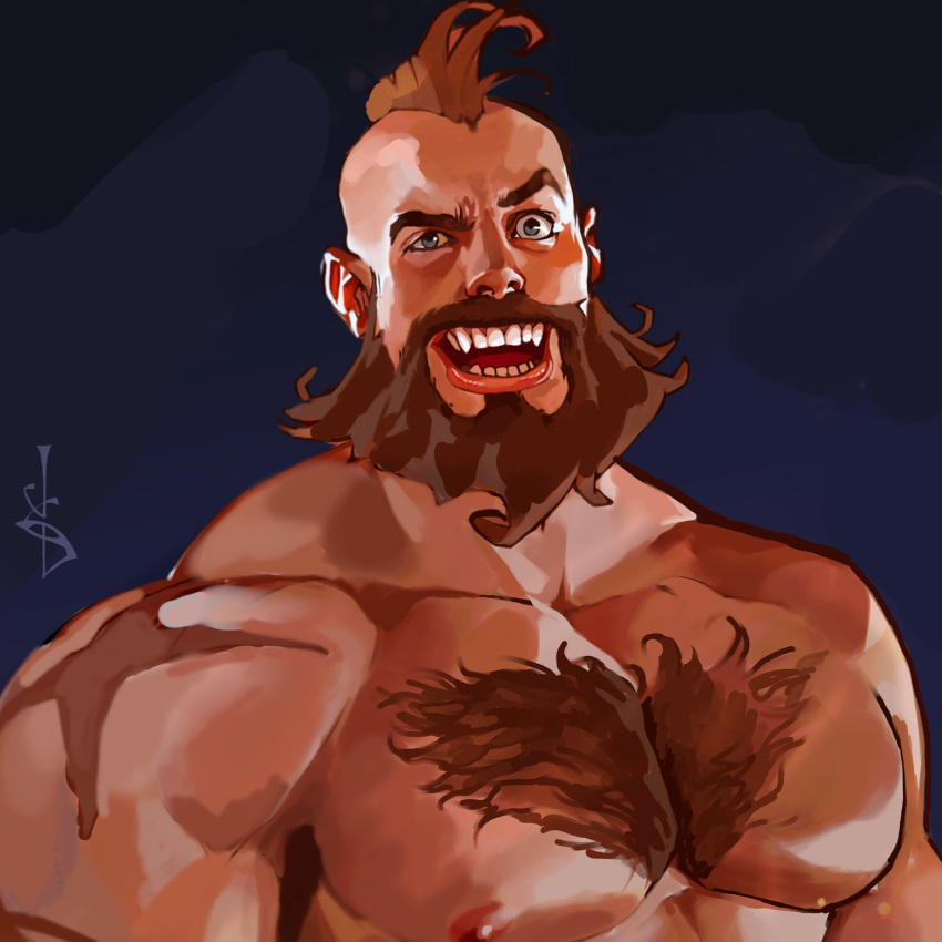 1boy, beard, blue_background, brown_hair, chest_hair, cocked_eyebrow, collarbone, facial_hair