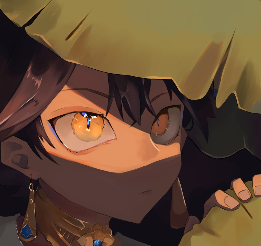 brown_hair, close-up, commentary, dark_skin, earrings, expressionless, hashtag-only_commentary, highres