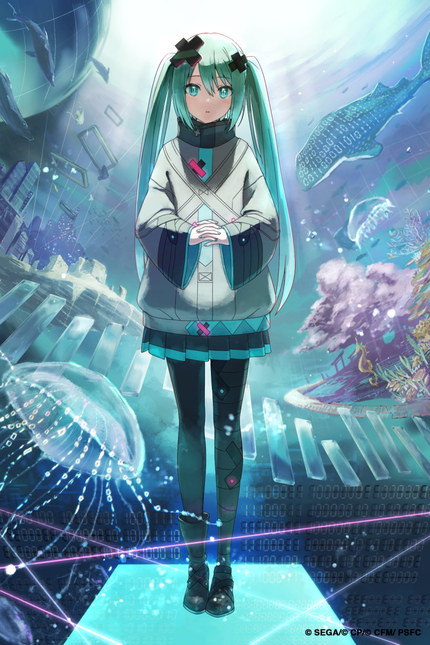 1girl, akatamanegi_ill, animal, aqua_eyes, aqua_hair, aqua_nails, aqua_trim, batsu_miku, binary, black_pants, black_shoes, black_skirt, commentary_request, coral, dolphin, fish, full_body, hair_ornament, hatsune_miku, highres, interlocked_fingers, jellyfish, kowareta_sekai_to_utaenai_miku, long_hair, looking_at_viewer, official_alternate_costume, pants, parted_lips, pleated_skirt, project_sekai, seahorse, sega, shoes, skirt, solo, tree, twintails, very_long_hair, vocaloid, whale, x_hair_ornament