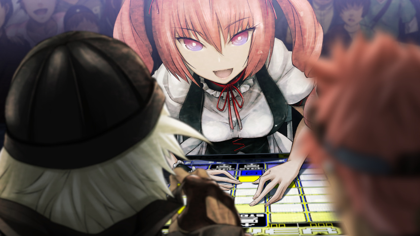 1boy, 1girl, akiha_rumiho, apron, beanie, black_jacket, black_skirt, blurry