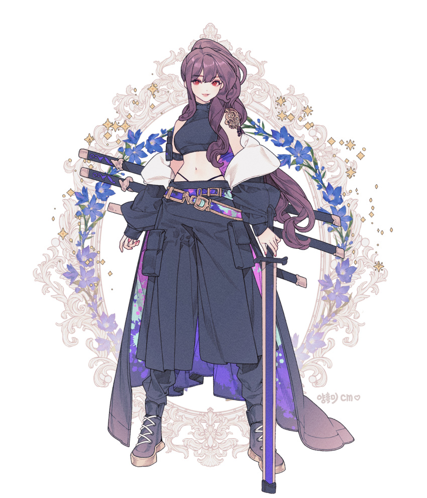 1girl, belt, black_boots, black_coat, black_panties, blue_flower, blunt_bangs, boots