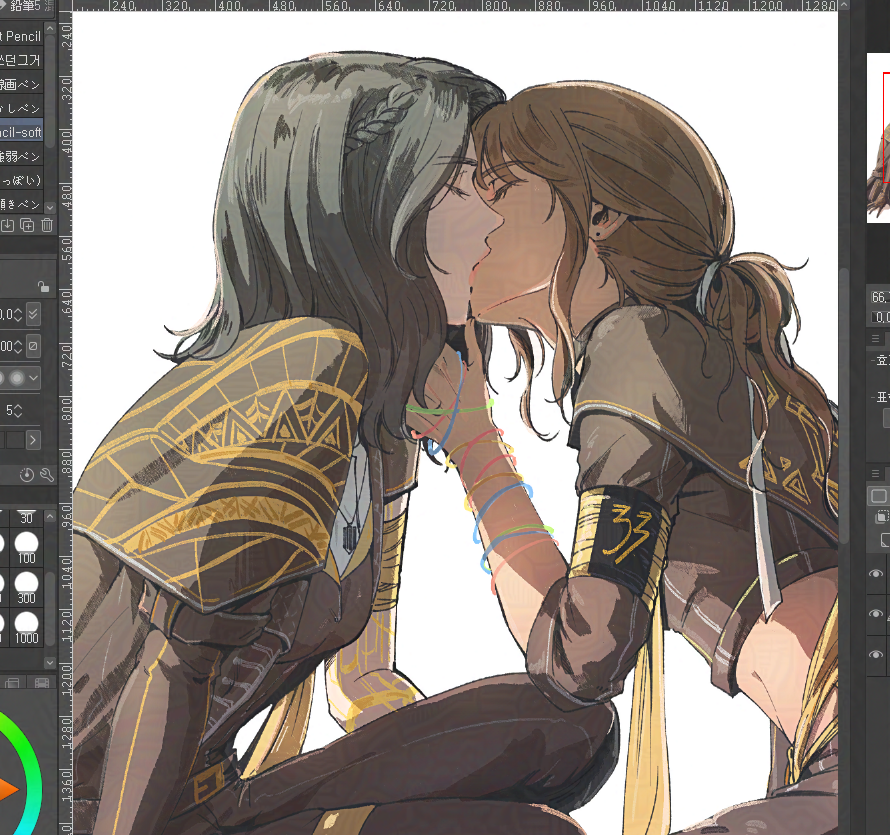 2girls, armband, art_program_in_frame, black_hair, brown_hair, clair_obscur:_expedition_33, closed_eyes, commentary_request