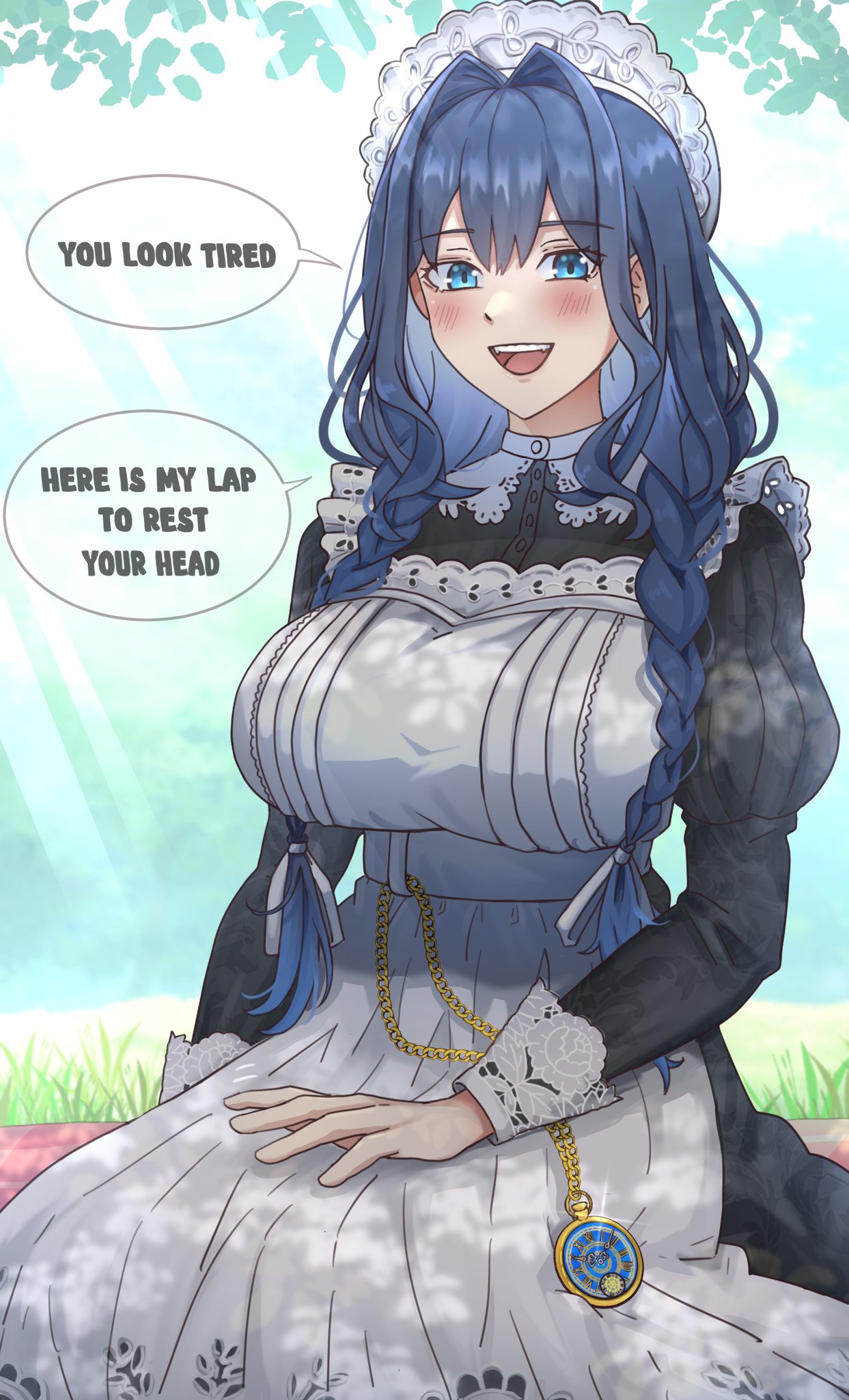 1girl, apron, black_dress, blue_eyes, blue_hair, braid, dress, english_text, hair_intakes, hair_ribbon, hat, highres, hololive, hololive_english, ichiyaichimaru, lap_pillow_invitation, long_hair, low_twin_braids, mob_cap, official_alternate_costume, official_alternate_hairstyle, open_mouth, ouro_kronii, ouro_kronii_(maid), pocket_watch, ribbon, solo, speech_bubble, twin_braids, virtual_youtuber, watch, white_apron, white_ribbon