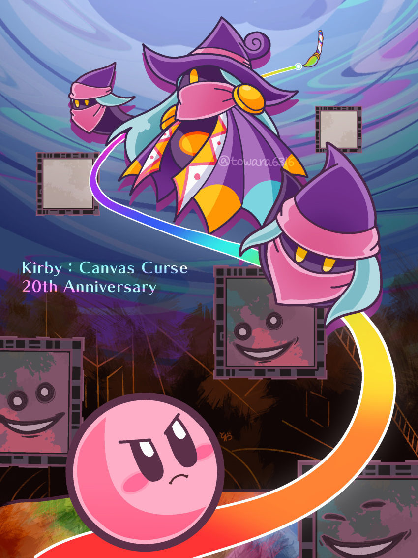 absurdres, anniversary, blue_hair, blush_stickers, cackling_painting, cape, drawcia, hat, highres, kirby, kirby:_canvas_curse, kirby_(series), paintbrush, para_sorceress, purple_cape, purple_hat, towara6316, twitter_username, witch_hat, yellow_eyes