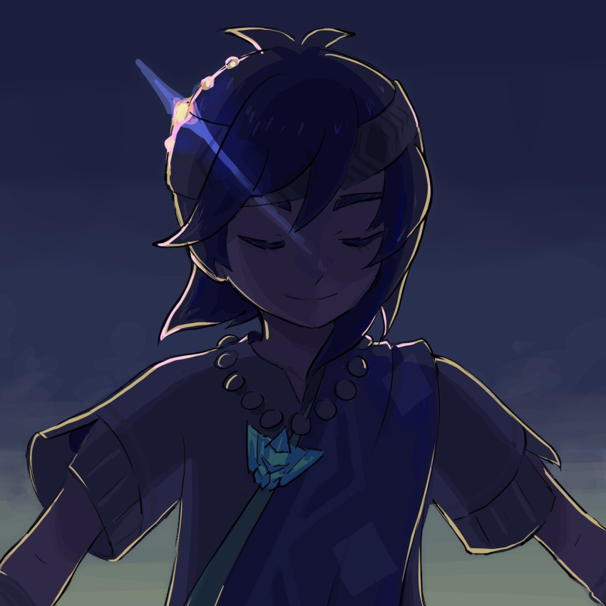 1boy, antenna_hair, black_hair, closed_eyes, closed_mouth, commentary, dark, elio_(champion)_(pokemon), elio_(pokemon), ffccll, headband, highres, jewelry, male_focus, necklace, official_alternate_costume, outdoors, pokemon, pokemon_masters_ex, short_sleeves, smile, solo, upper_body