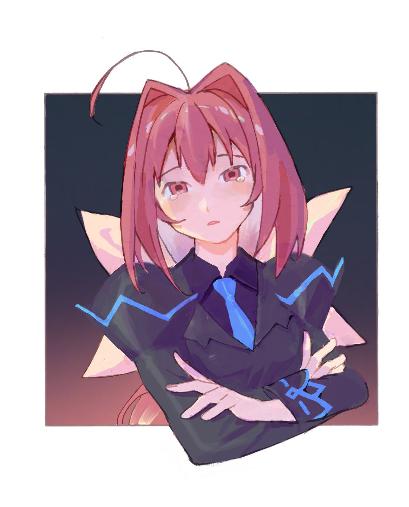 1girl, ahoge, allyouneedisuwu, black_shirt, black_vest, blue_necktie, bow, crossed_arms, hair_bow, hair_intakes, highres, juliet_sleeves, kagami_sumika, long_hair, long_sleeves, looking_at_viewer, low_ponytail, muv-luv, muv-luv_alternative, necktie, open_mouth, ponytail, puffy_sleeves, red_eyes, red_hair, shirt, solo, tearing_up, un_uniform_(muv-luv), vest, yellow_bow